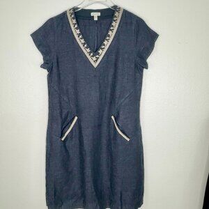 Garnet Hill 100% Linen Shift Dress Cap Sleeve Blue Embroidery Detail Womens SZ 8